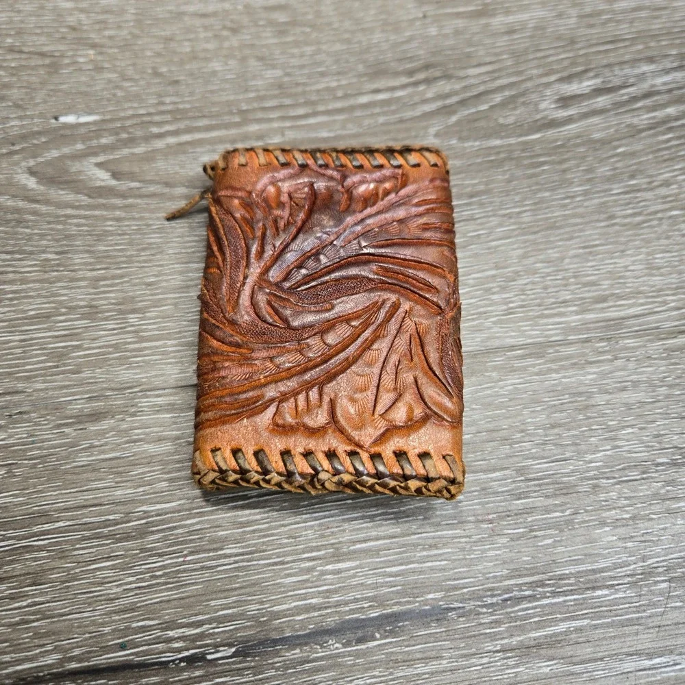 Vintage Hand Tooled Leather Key Case Walet Brown Floral Western